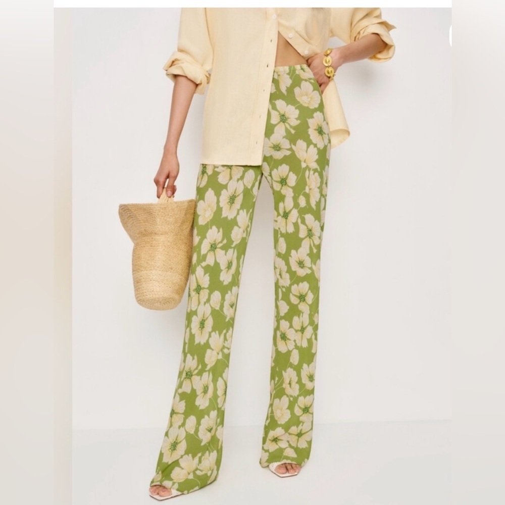 Reformation Green Floral Wide Leg Pants